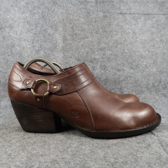 Born Shoes Womens 9.5 Booties Low Ankle Leather Block Heel Fashion Brown Harness - Picture 1 of 13